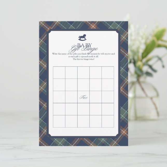Baby Gift Bingo Game Navy Plaid Preppy Baby Shower Rådkort (Stående Fram)