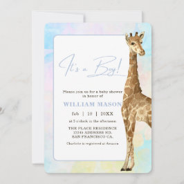 Baby Giraffe Baby Shower Blå Det är en Pojke Inbjudningar