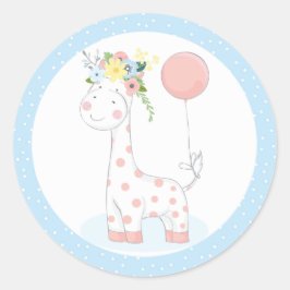 Baby Giraffe Balloon Blommigt Krona Pastel Blue Zo Runt Klistermärke