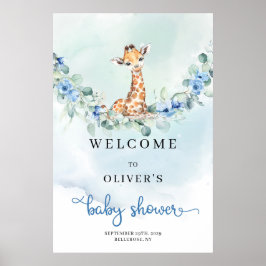 Baby giraffe blåa blommor Boy Shower Välkommen Poster