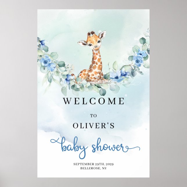 Baby giraffe blåa blommor Boy Shower Välkommen Poster (Framsidan)