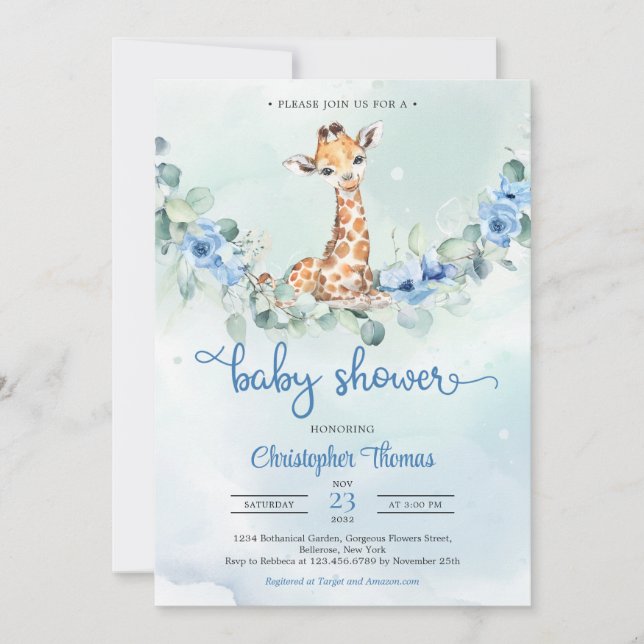 Baby giraffe blåa blommor eucalyptus Baby Shower Inbjudningar (Framsida)