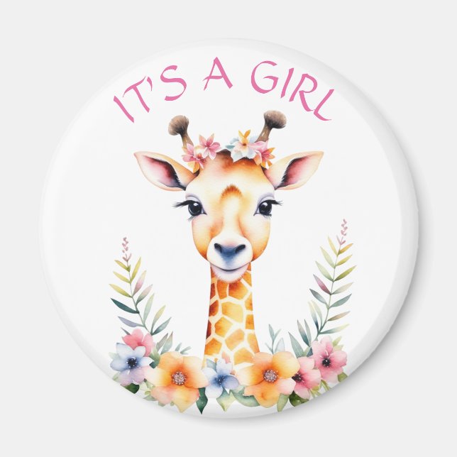 Baby Giraffe Blommigt, det är en flicka | Babyskor Magnet (Framsidan)