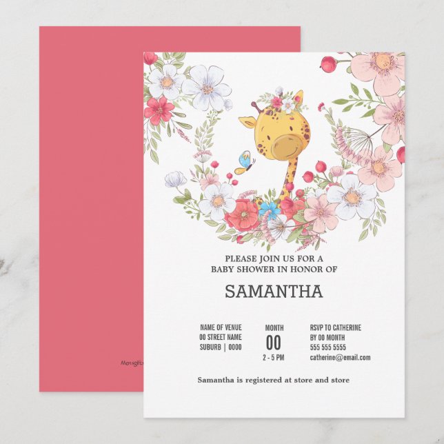 Baby giraffe blommigt, rosa av söt butterfly inbjudningar (Fram/baksida)