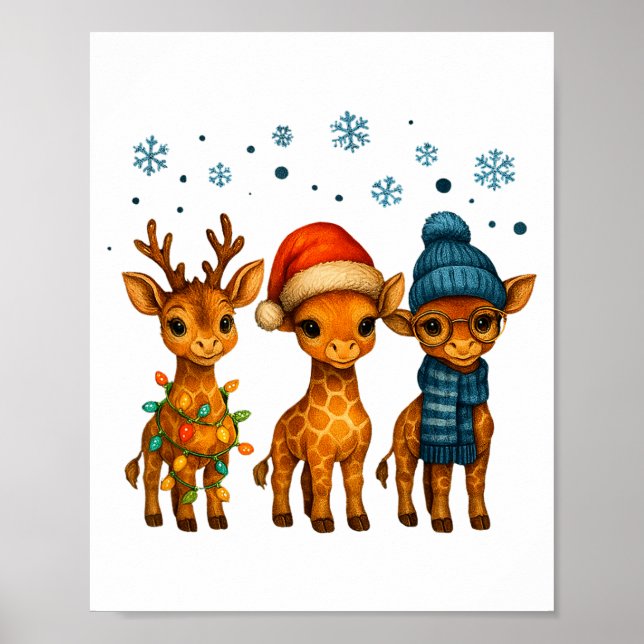 Baby Giraffe Christmas Lights Santa Hat Reindeer W Poster (Framsidan)