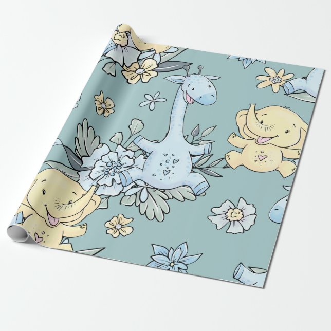 Baby Giraffe & Elephant Presentpapper (Utrullad)