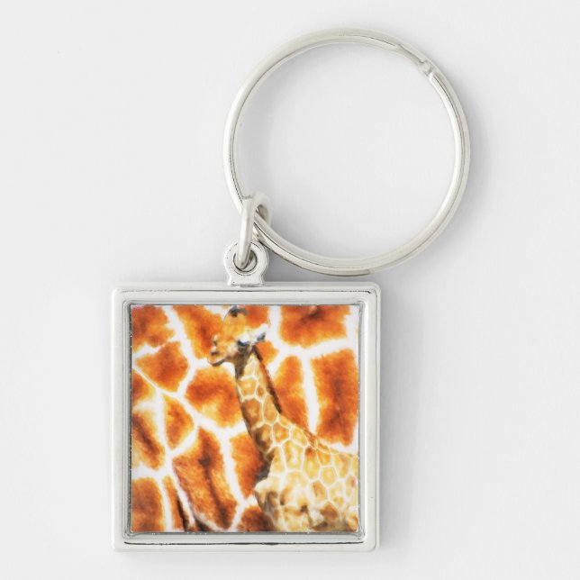 Baby Giraffe Fyrkantig Silverfärgad Nyckelring (Framsidan)