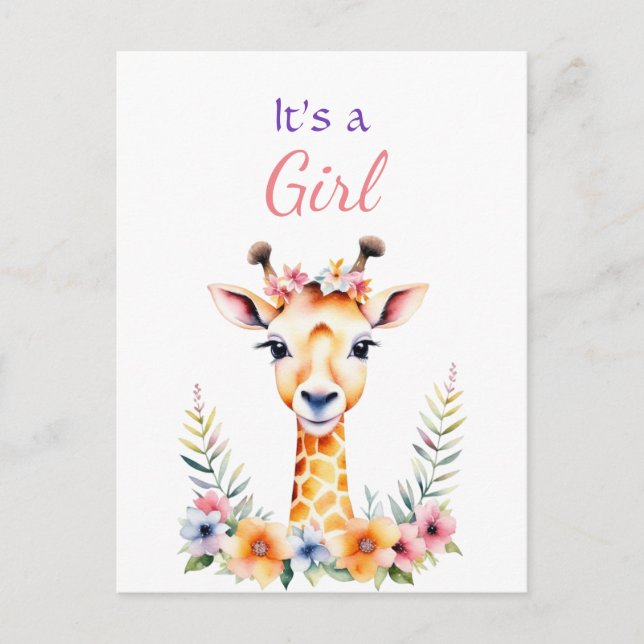 Baby Giraffe in Flowers Girl Baby Shower Vykort (Framsida)