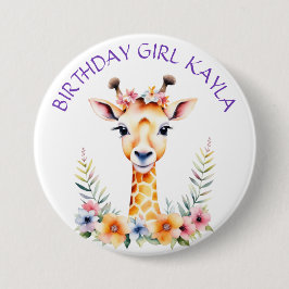Baby Giraffe in Flowers Girl Girl's Födelsedagsfes Knapp