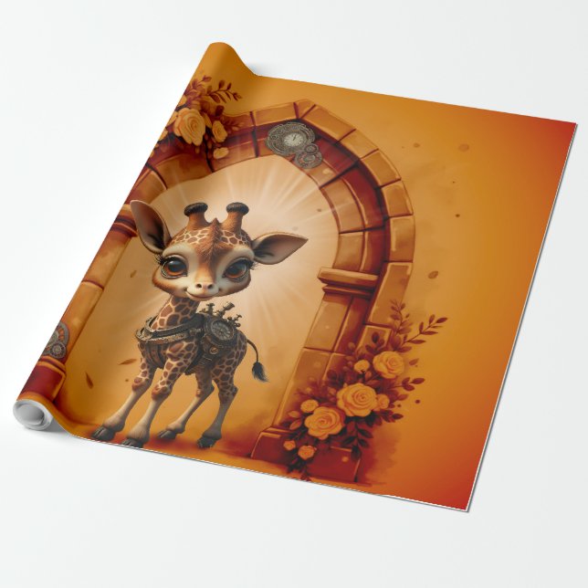 Baby giraffe in steampunk-tecknad presentpapper (Utrullad)