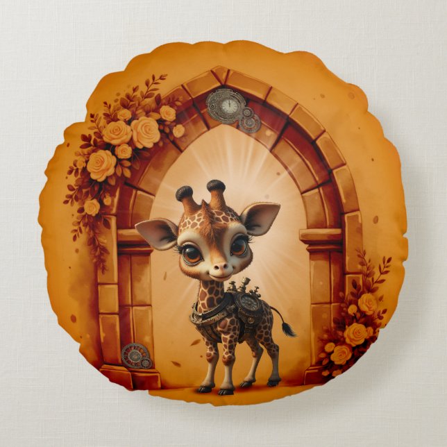 Baby giraffe in steampunk-tecknad rund kudde (Framsidan)