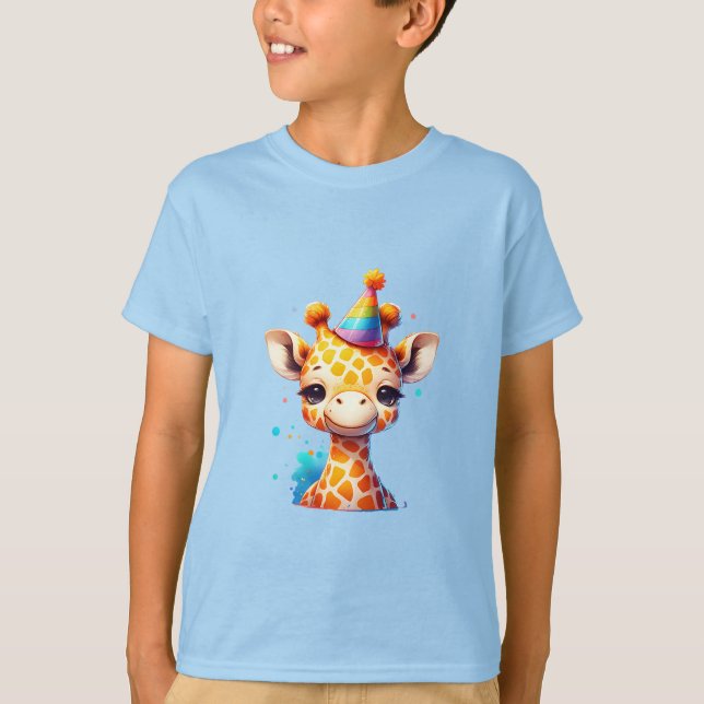 Baby giraffe med party hattblått t shirt (Framsida)