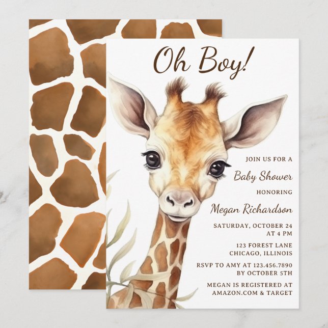 Baby Giraffe Oh Boy Baby Shower Inbjudningar (Fram/baksida)