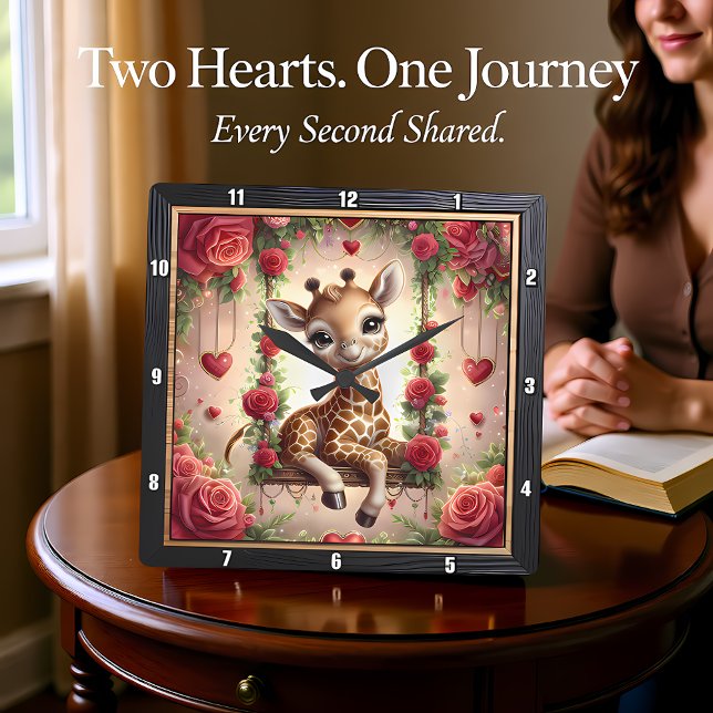Baby Giraffe Rose Garden Fyrkantig Klocka (Skapare uppladdad)