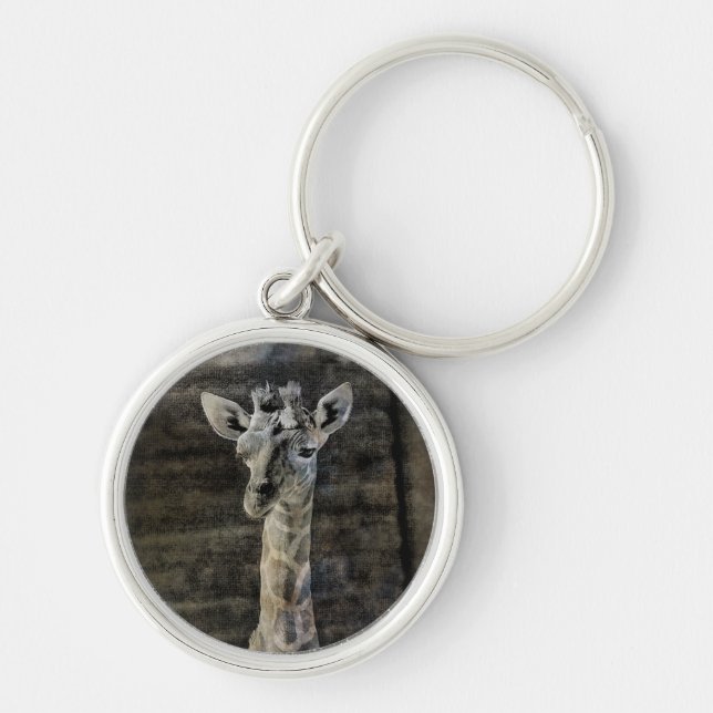 Baby Giraffe Rund Silverfärgad Nyckelring (Framsidan)