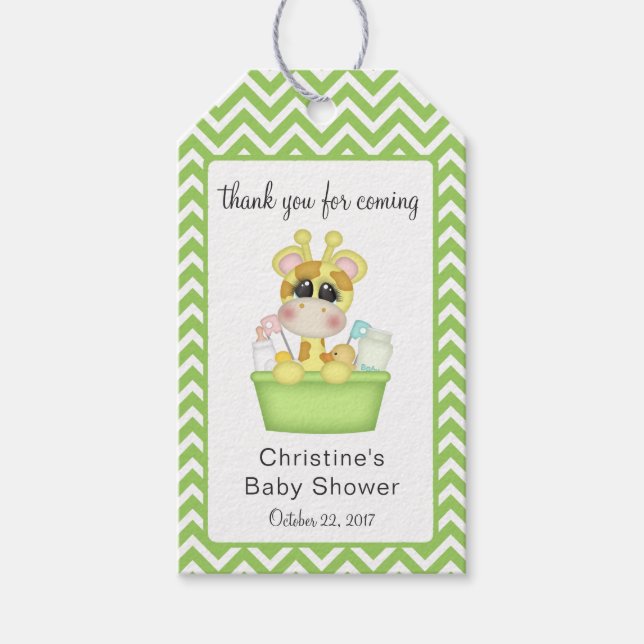 Baby Giraffe vid Bath Time-Tack Favor Presentetikett (Framsidan)