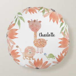 Baby Giraffe Watercolor Hand-målat Monogrammed Rund Kudde