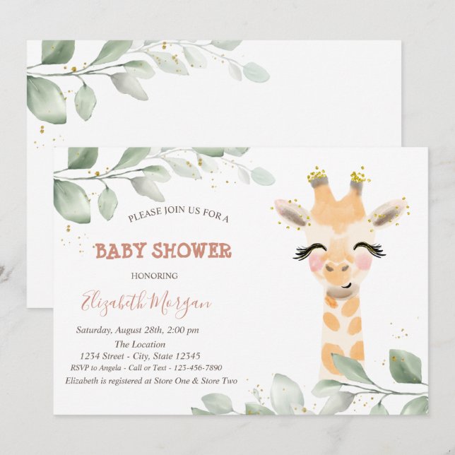 Baby-Giraffen Lämnar Bebis-Babyshower Inbjudningar (Fram/baksida)