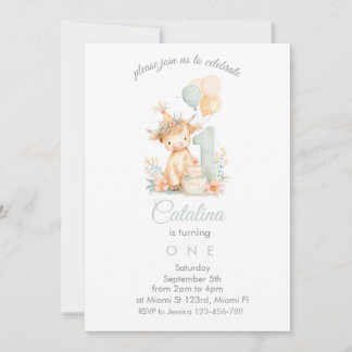 Baby Girl 1st Birthday highland cow Inbjudningar