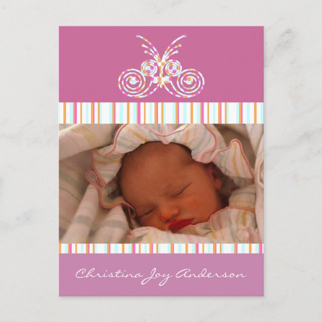 Baby Girl Announcement - Fjärilar Meddelande Vykort (Framsida)