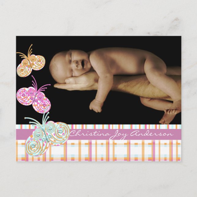 Baby Girl Announcement - Fjärilar Meddelande Vykort (Framsida)