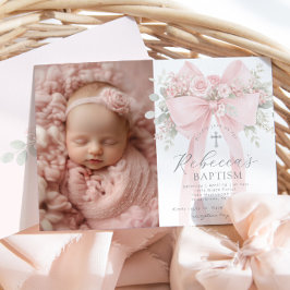 Baby Girl Baptism Photo Floral Eucalyptus Bow Inbjudningar