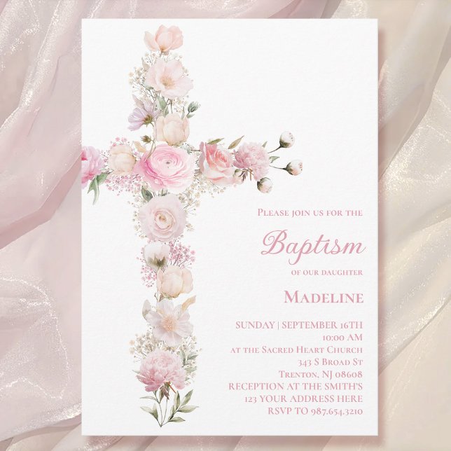 baby girl Baptism pink floral cross  Inbjudningar (Skapare uppladdad)