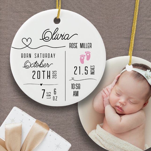 Baby Girl Birth Announcement Photo Name Stats Julgransprydnad Keramik (Personalized Baby Girl Custom Ornament Birth Announcement Name Stats Photo Baby's First Christmas)