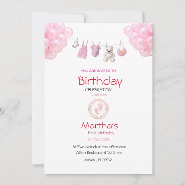 baby girl birthday invitation card inbjudningar (Framsida)