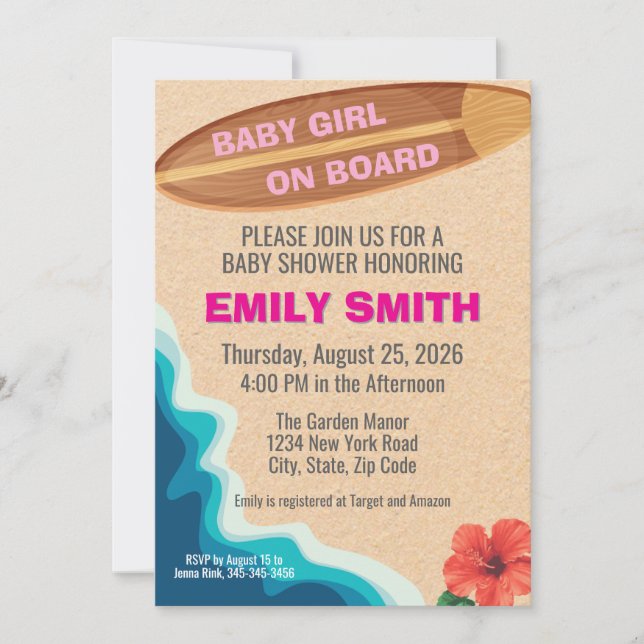 Baby Girl Board Surfboard Baby Shower Invitation Inbjudningar (Framsida)