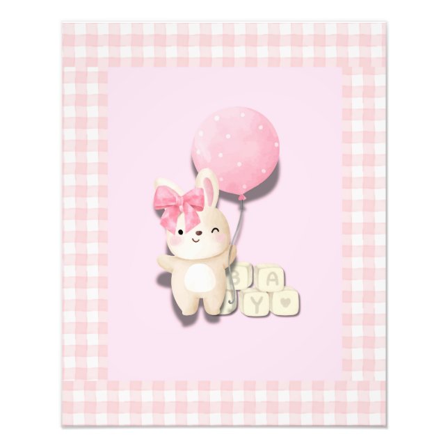 Baby Girl Bunny Nursery Tryck – Rosa Gingham Anima (Framsidan)