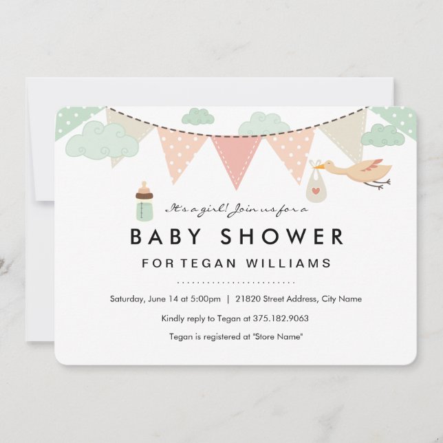 Baby Girl Bunting | Bebis Shower Inbjudan (Framsida)
