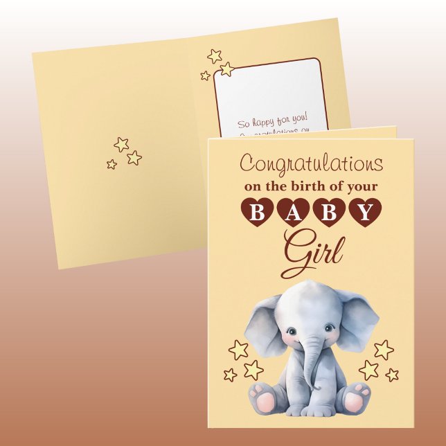 Baby girl congratulations elephant peach kort (Skapare uppladdad)