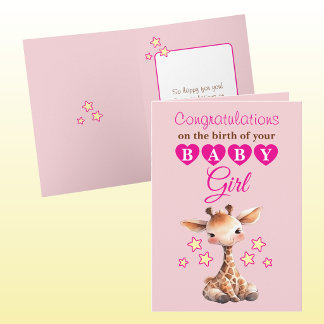 Baby girl congratulations giraffe pink kort