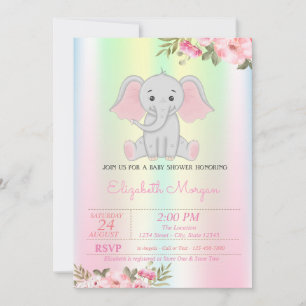 Baby Girl Elefant,  Iriserande Blommig Bebis Showe Inbjudningar