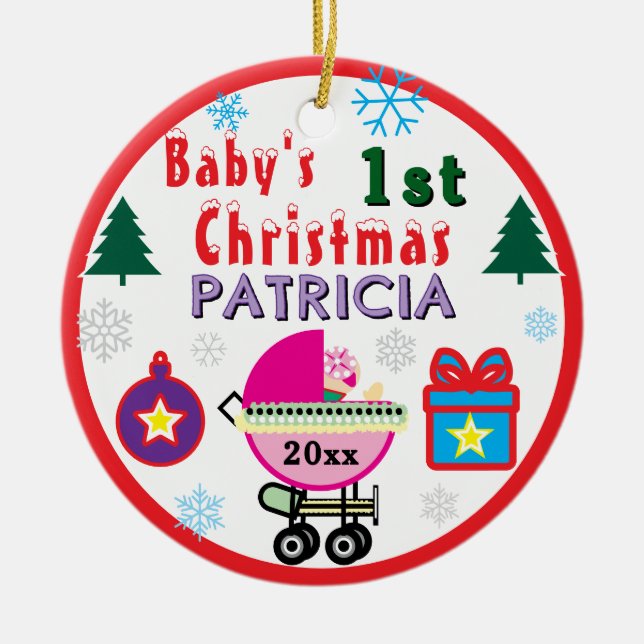 Baby Girl First Christmas Baby Carriage NAME Julgransprydnad Keramik (Framsidan)