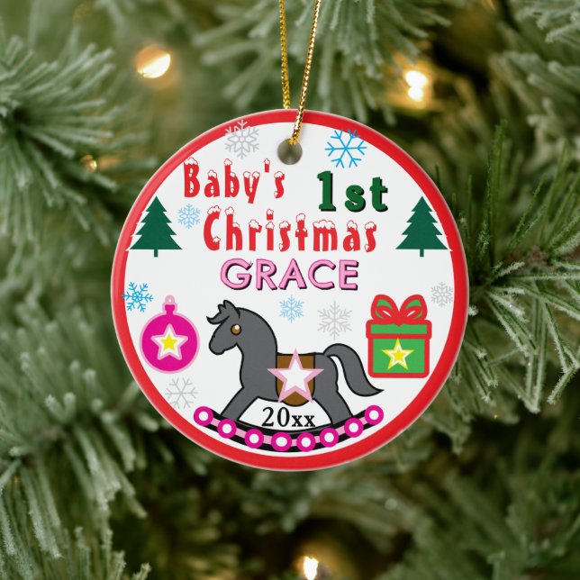 Baby Girl First Christmas PHOTO Pink Gray Horse  Julgransprydnad Keramik (Träd)