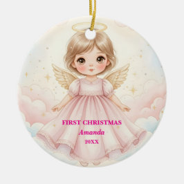 Baby Girl First Christmas Pink Angel Photo Julgransprydnad Keramik