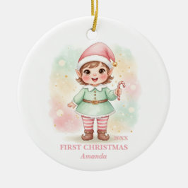 Baby Girl First Christmas Pink Elf Photo Julgransprydnad Keramik