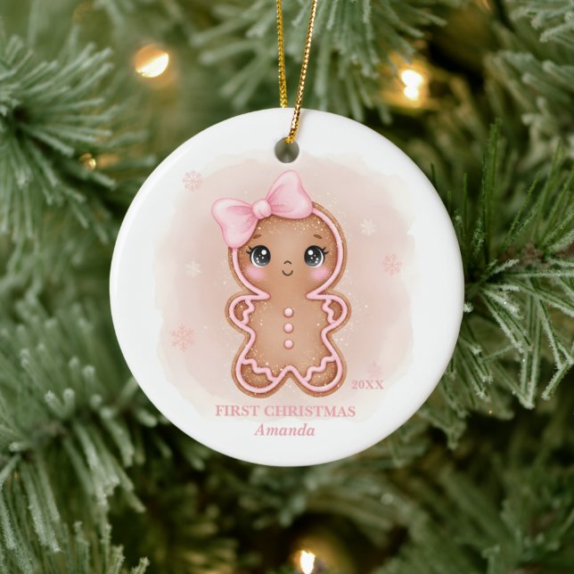 Baby Girl First Christmas Pink Gingerbread Photo Julgransprydnad Keramik (Träd)