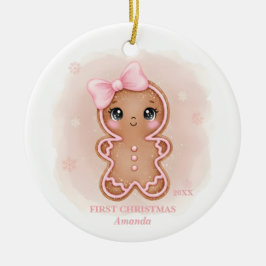 Baby Girl First Christmas Pink Gingerbread Photo Julgransprydnad Keramik