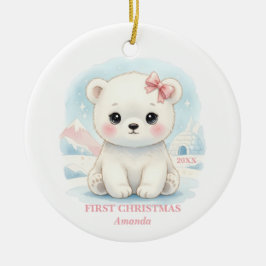Baby Girl First Christmas Pink Polar Bear Photo Julgransprydnad Keramik