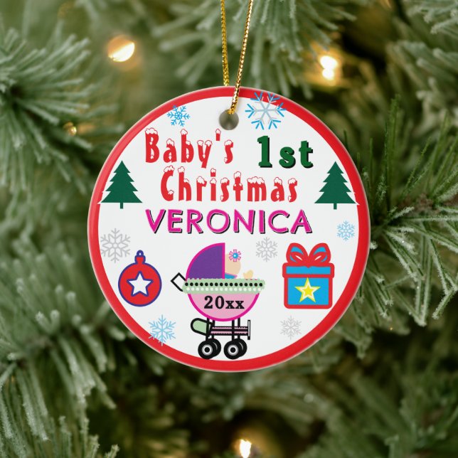 Baby Girl First Christmas Pink Purple Carriage  Julgransprydnad Keramik (Träd)