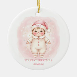 Baby Girl First Christmas Pink Santa Photo Julgransprydnad Keramik
