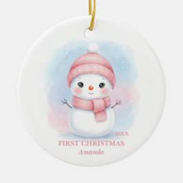 Baby Girl First Christmas Pink Snowman Photo Julgransprydnad Keramik