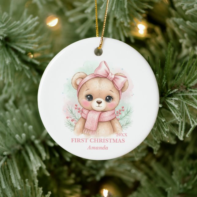 Baby Girl First Christmas Pink Teddy Bear Photo Julgransprydnad Keramik (Träd)