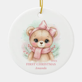 Baby Girl First Christmas Pink Teddy Bear Photo Julgransprydnad Keramik