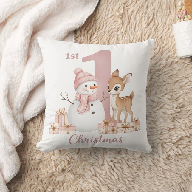 Baby Girl First Christmas Snowman Deer Kudde (Filt)
