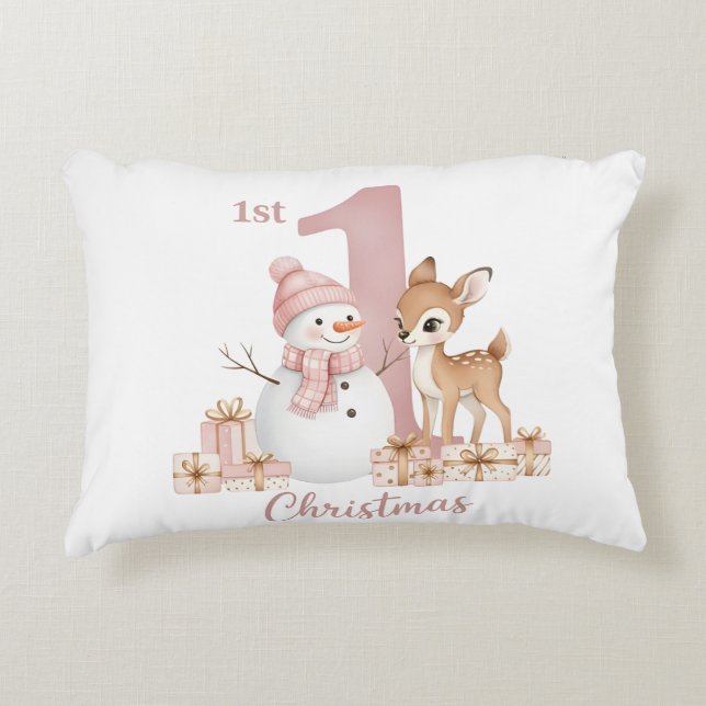 Baby Girl First Christmas Snowman Deer Prydnadskudde (Framsidan)