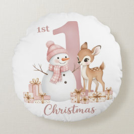 Baby Girl First Christmas Snowman Deer Rund Kudde